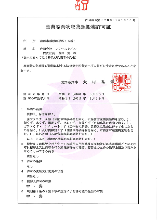 愛知県 許可番号 第02300251953 号