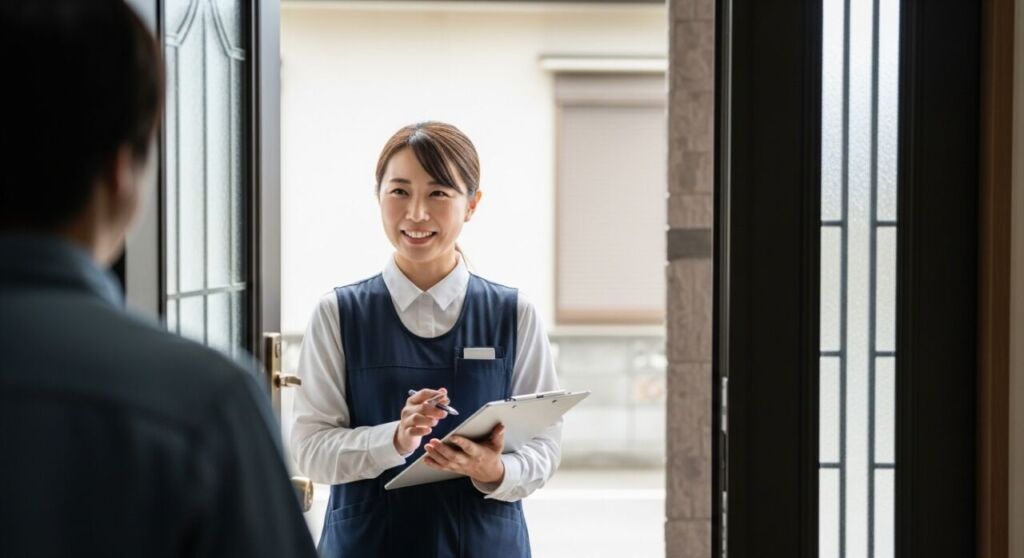 ウレルヤの出張買取で玄関先対応するシーン