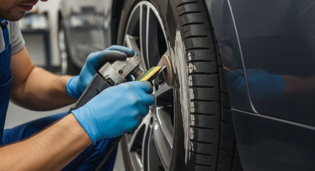 ホイールの傷を修理している様子