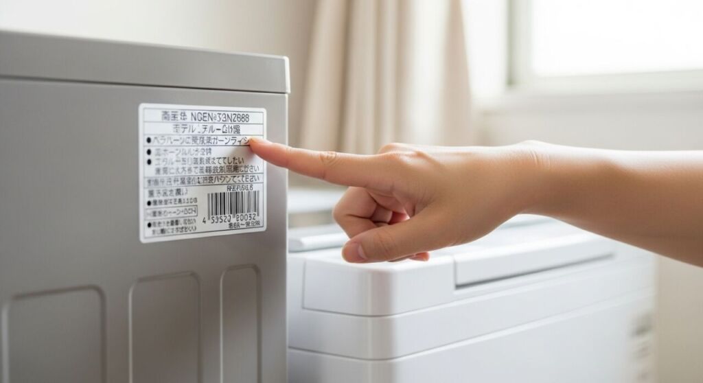 家電製品の型番ラベルの位置を確認する様子