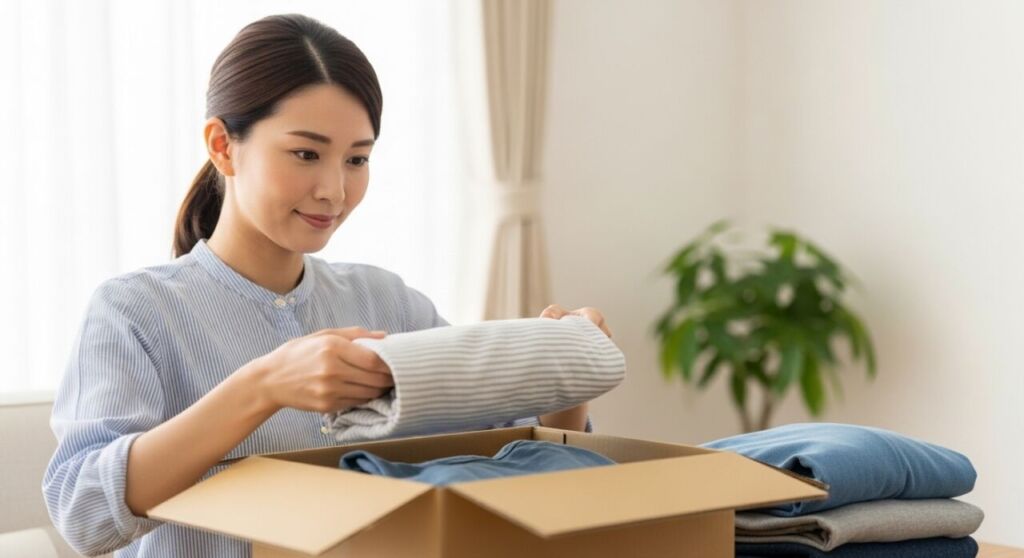 宅配寄付のために服をダンボールに詰める様子