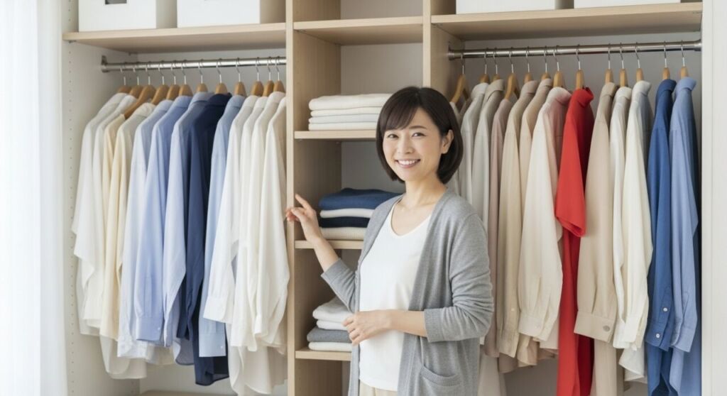 クローゼットの前で笑顔の女性