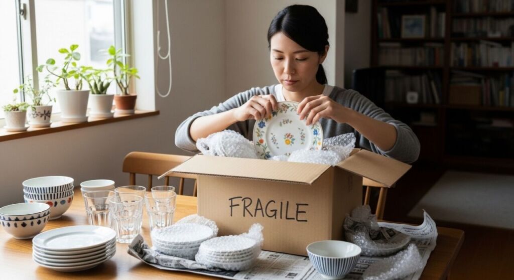 処分のために食器を梱包している様子