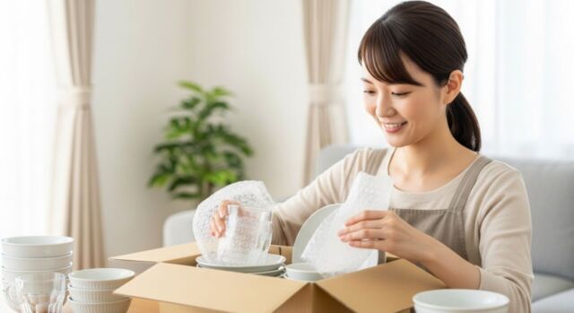 処分のために食器を梱包している様子