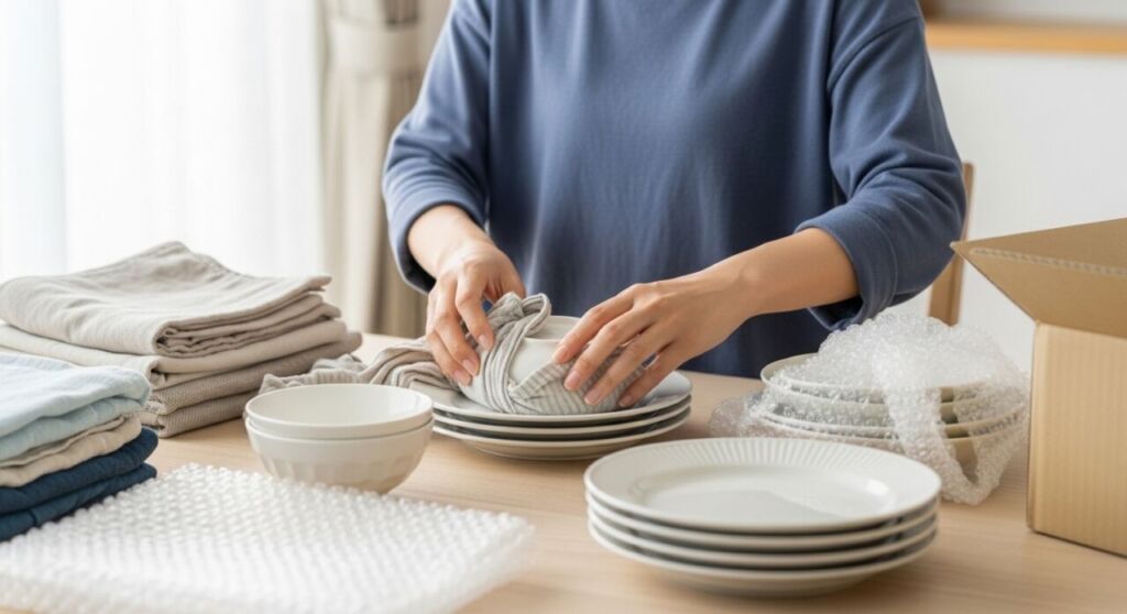 割れないように食器を梱包している様子