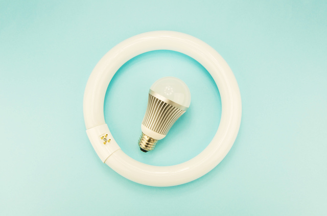 照明器具の本体と電球・蛍光管を分別して処分する様子